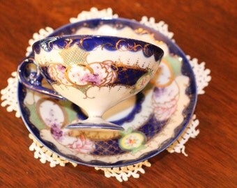 Nippon Hand Painted Cup and Saucer – Cobalt and Gold