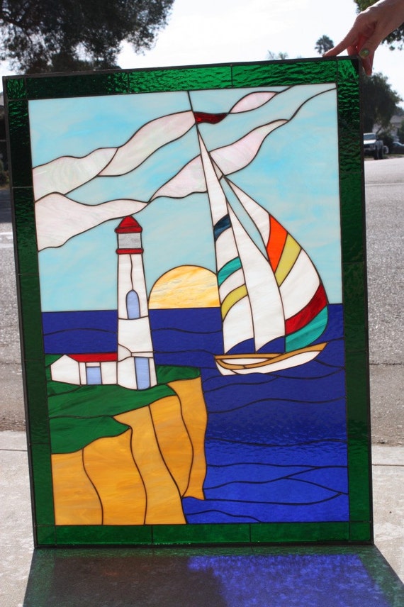 Lighthouse & Sailboat Stained Glass Window by ArtGlassWindows