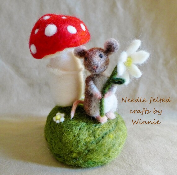 Needle felted decorative mouse and mushroom pin cushion