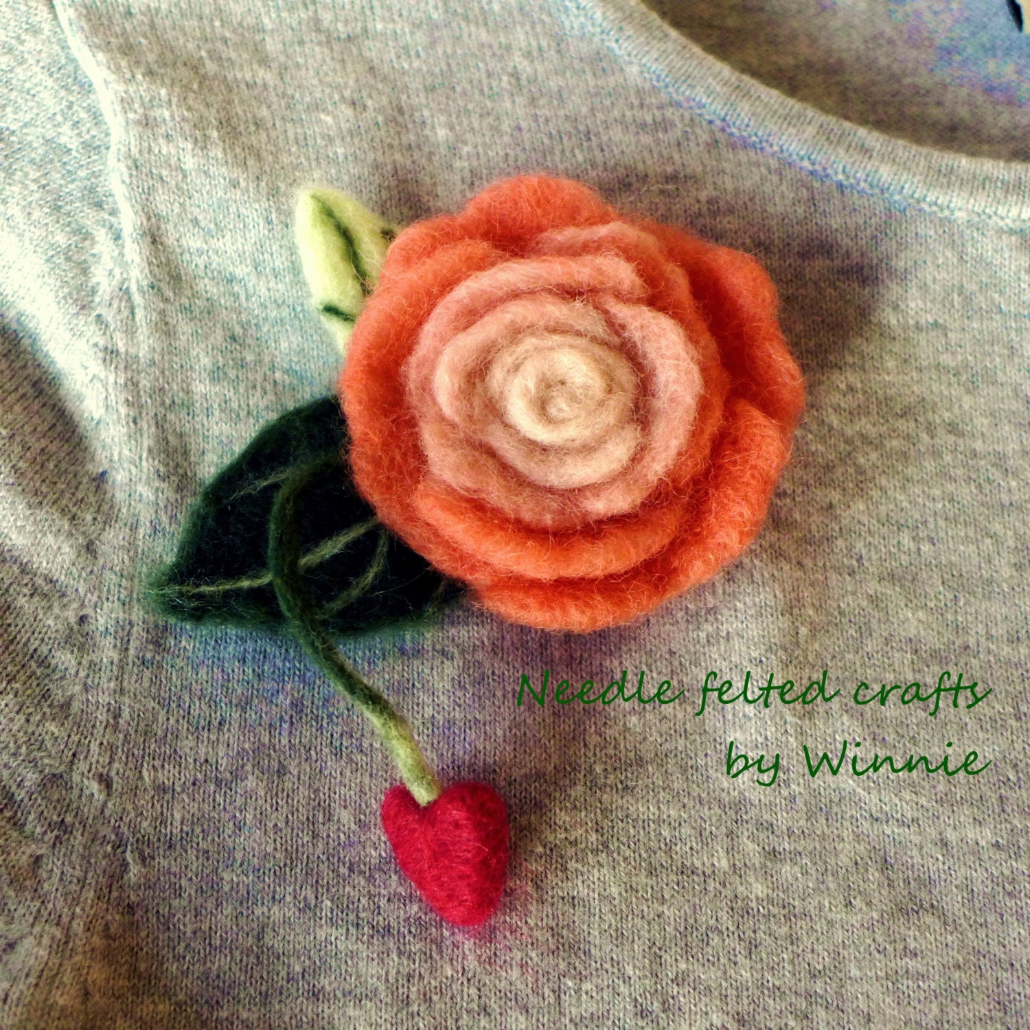 Needle felted Pink rose with dangling heart brooch