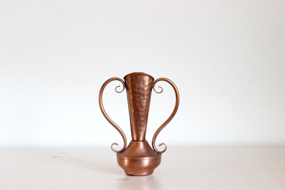 Vintage Copper Vase - Gregorian - Home Decor Vessel Planter - Bold Modern Metal Hammered - Rustic Wedding Heart Shape - Orange Brown