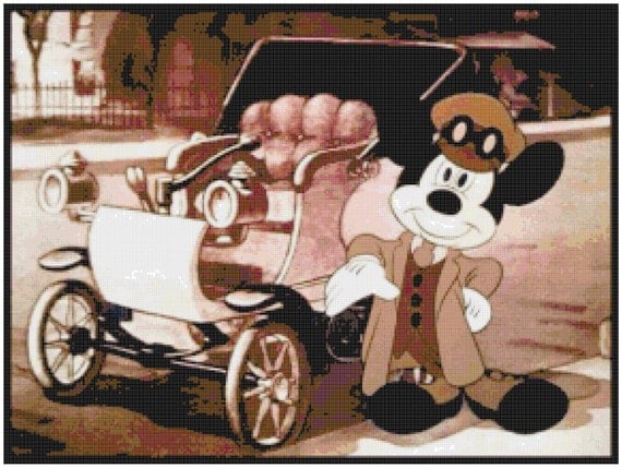 Mickey Mouse with an Antique Car Counted Cross Stitch Pattern 24 Count Aida PDF Instant Download DMC