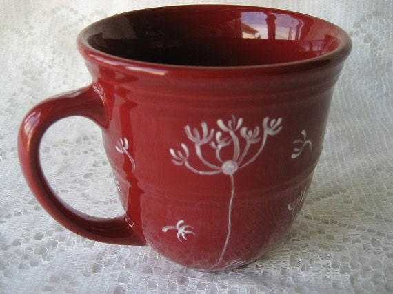 Cup Mug Dandelions design Coffee tea dark red Gift Idea Porcelain ceramic pottery Hand Painted Kiln fired  by B Marsh