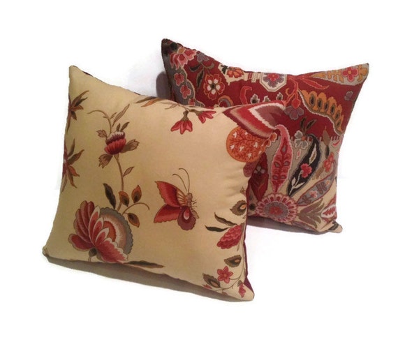 Decorative THROW PILLOW SET red floral toss pillows home