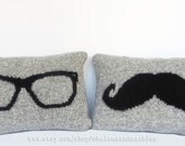 Beautiful Hand Knit Intarsia Wool Decorative Boudoir Pillowcases Set with Mustache & Glasses