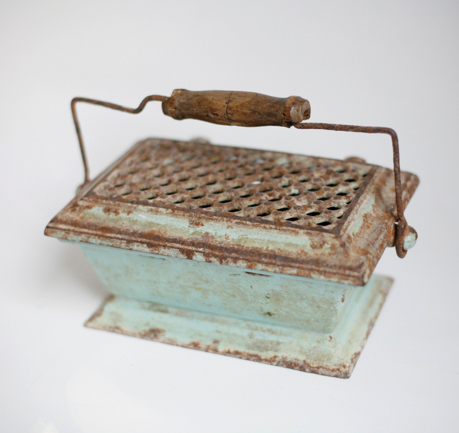 antique foot warmer cast iron hot coal carriage heater aqua