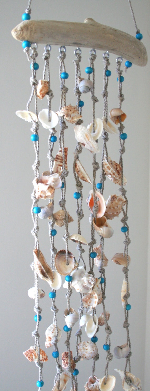 Sea shells windchime beach decor driftwood mobile.