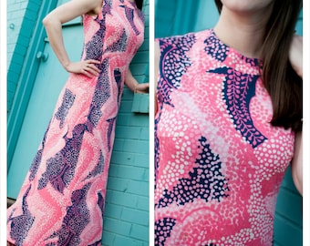 60s Mod Dress Pink and Blue Sleeveless Maxi S/M