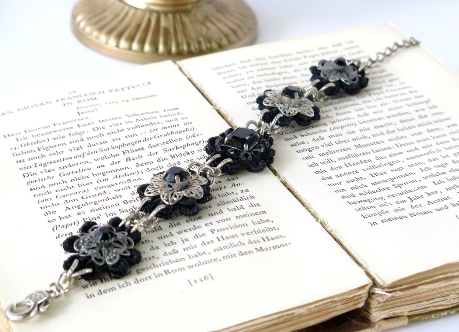 Steampunk Wedding Bracelet , Bridal black  Flower Bracelet ,  Black swarovski  Bracelet by Talila Korolker -BB00804