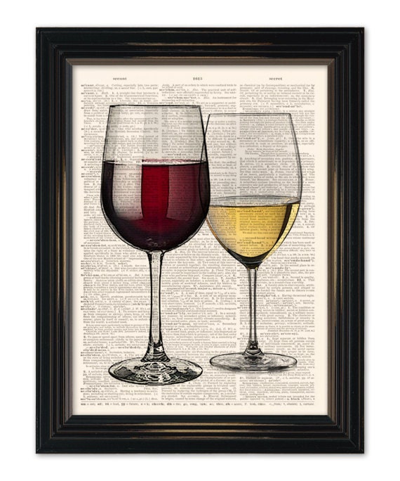 Red and White Wine dictionary art print. Home bar wall