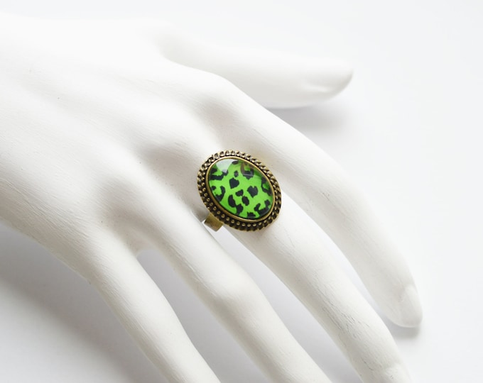 ANIMAL PRINT MEDLEY Ring, green, leopard skin , size adjustable