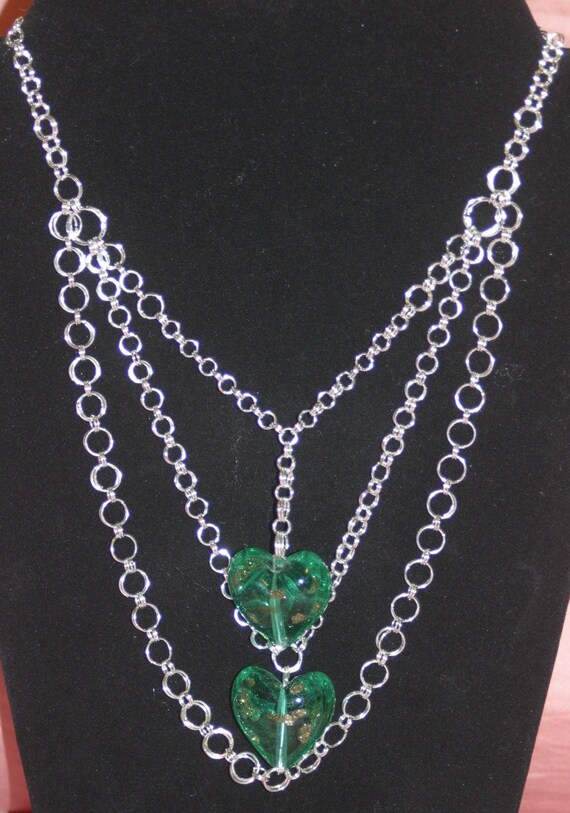 Two Hearts Lampworked Glass & Silver Plated Chain Necklace