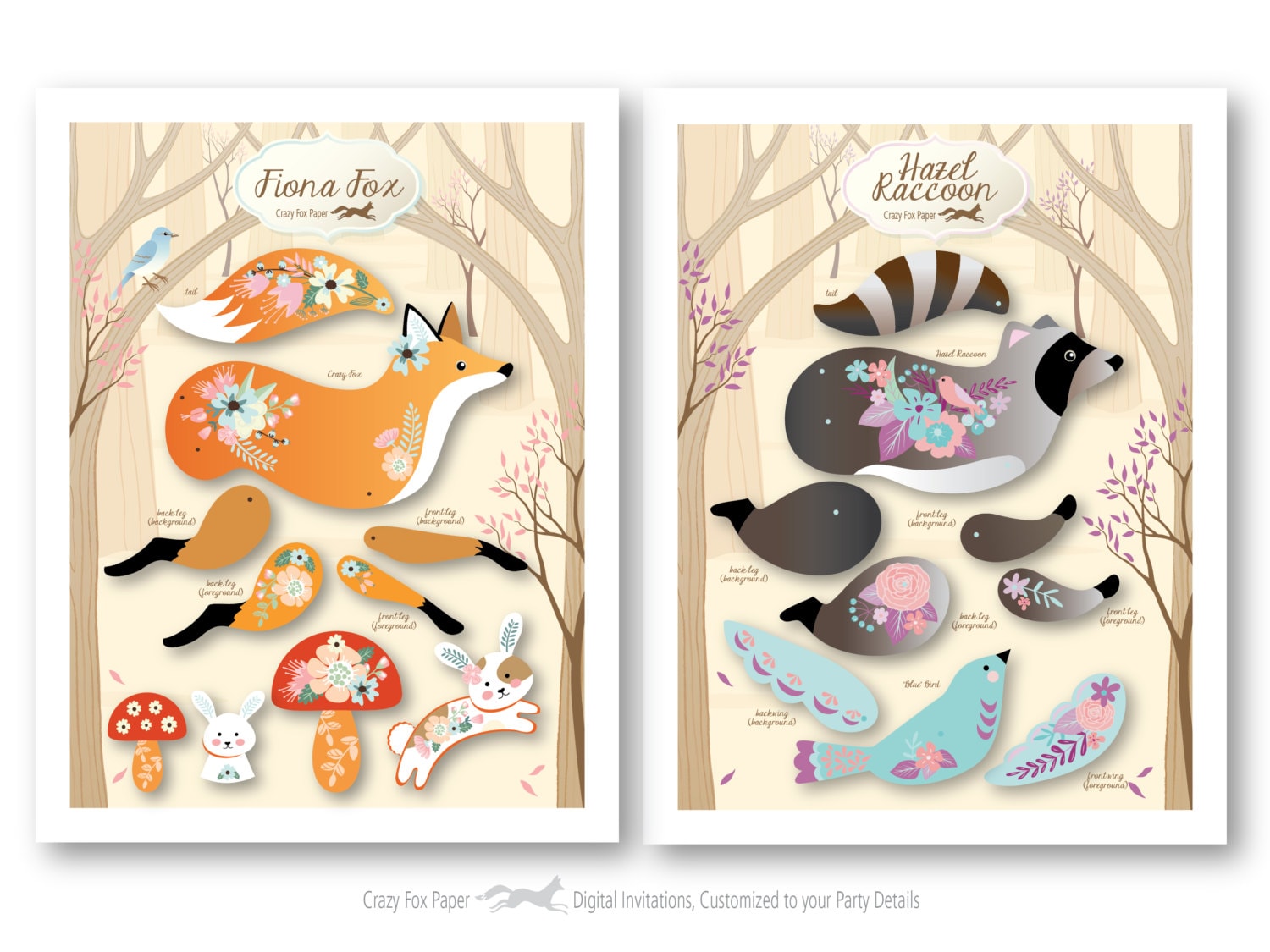 Instant DIY Download 4 Articulated Paper Dolls Woodland Animals