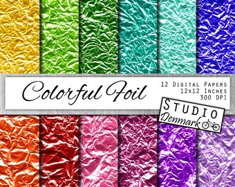Colorful Foil Digital Paper - Bright Colored Foil Metallic Commercial Use - Crumpled Foil Backgrounds - Instant Download