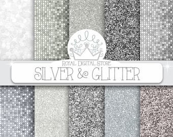 Silver glitter digital paper: " SILVER & GLITTER" with silver glitter backgrounds, textures for scrapbooking, cards, invitations, party