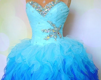 2014 Beaded Sweetheart Short Organza Blue Prom Dress Gown With Ruffles ...