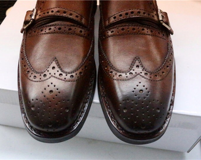 Handmade Goodyear Welted Men's Monk-Strap Dress Shoes,Pure color Pattern
