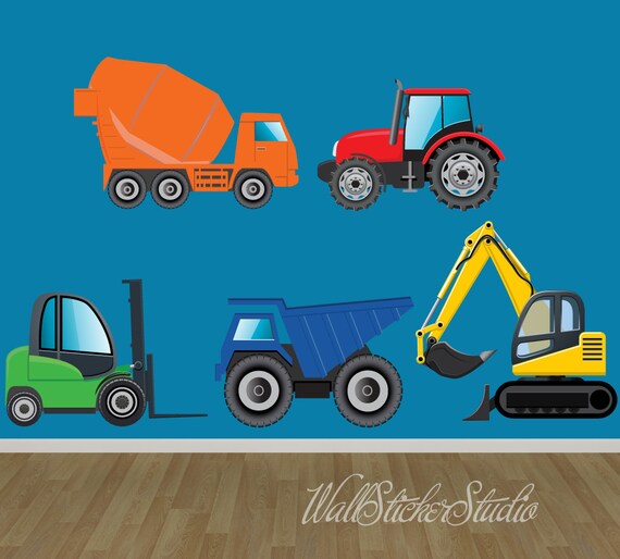 Construction Trucks Wall Decal REUSABLE Fabric Decal