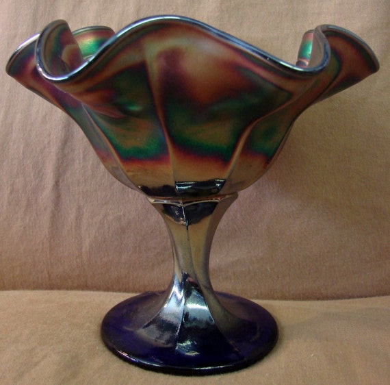 1920's Carnival Glass Candy Dish Ruffle Bowl on Pedestal