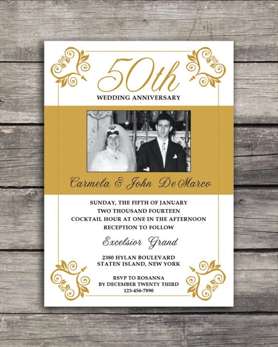 50th Wedding Anniversary Invitation 5x7 Black Gold and