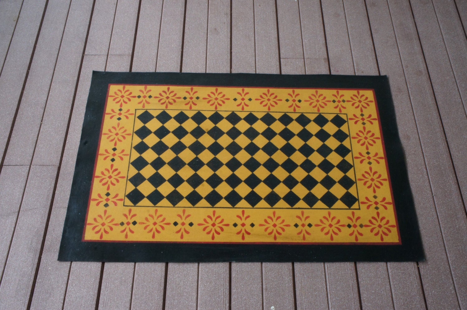 Hand painted and stenciled floorcloth canvas rug