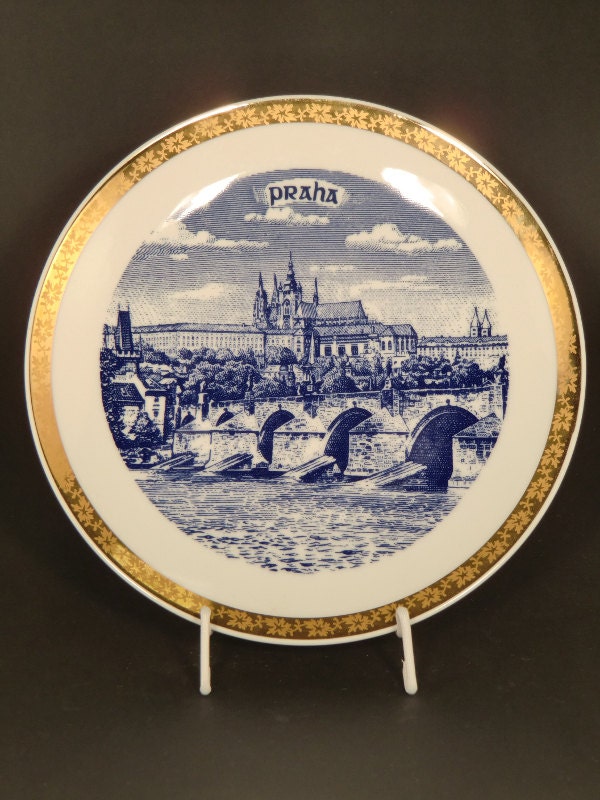 Praha (Prague) Bohemia Inglazed Porcelain Plate with Gilded Trim