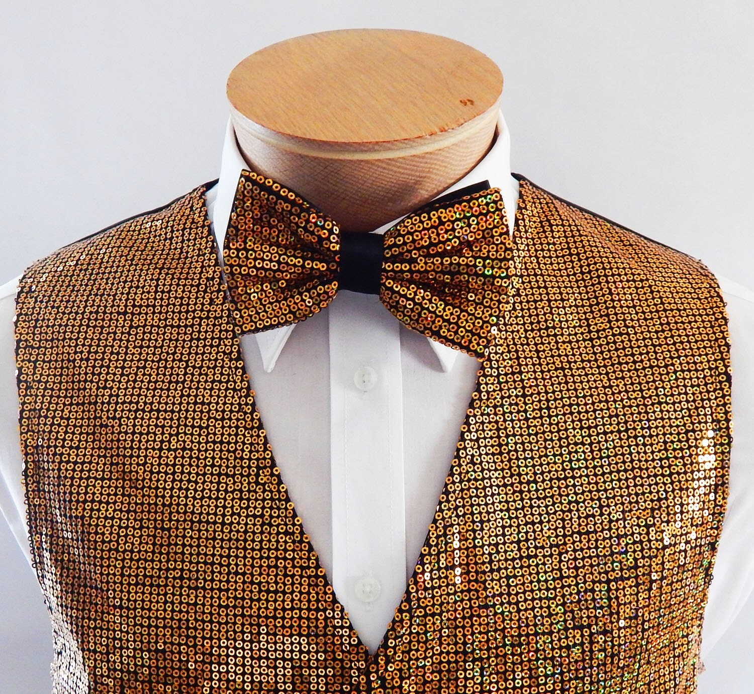 Mens Gold Sequin Vest and Bow Tie Set