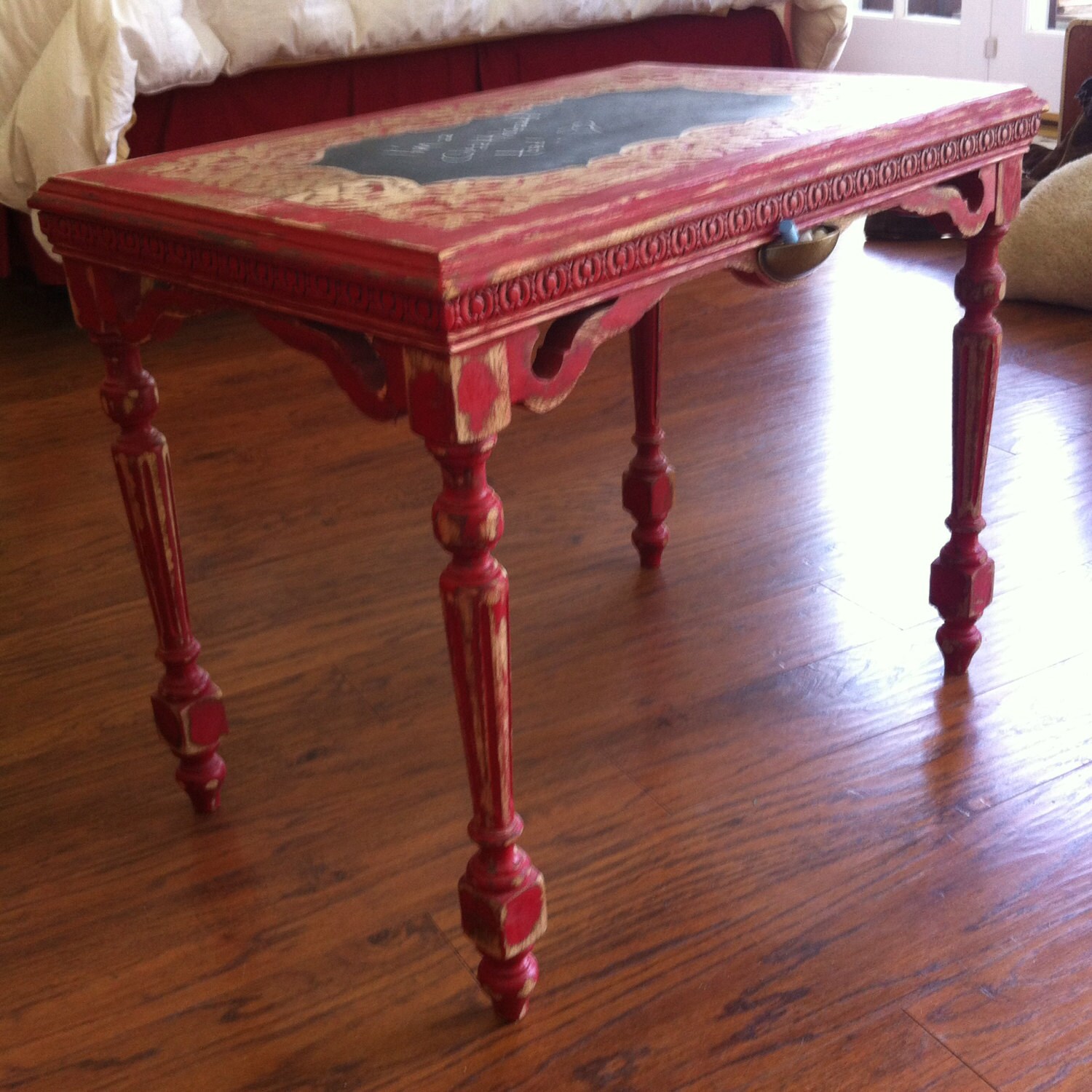 SOLD Shabby Chic Side Table in vintage red with floral