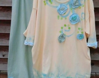 BEACH GLASS Plus Size Comfy Two Piece Set Aquas and Natural Made to Order KellyJacksonDesign