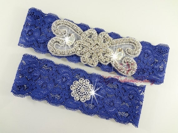 Garter, Bridal Garter, Wedding Garter Set, Crystal Applique Garter, Navy Blue Garter, Handmade Rhinestone Garter, Beaded Garter GTA0045