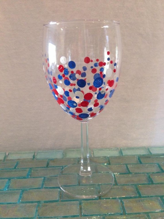 Hand Painted Red White and Blue Wine Glasses set of 2