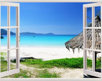 Sunset beach wall sticker 3d window tropical beach wall decal