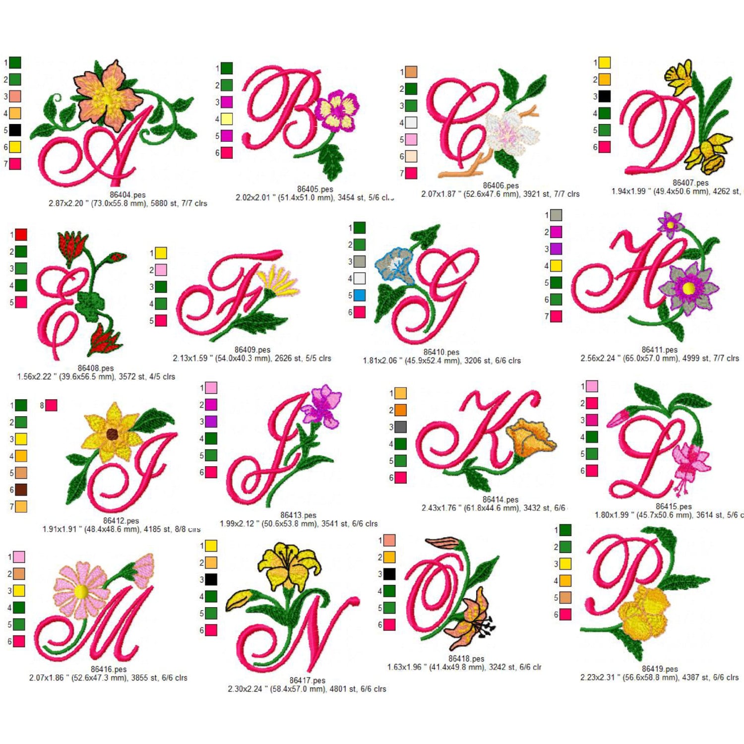 26 Floral Script Alphabet Embroidery Design 4x4 Dst Exp Hus