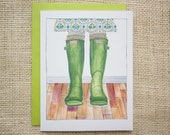 Thinking of you card, spring card, hunter boots, gardening card, rain boots, wellies, notecard