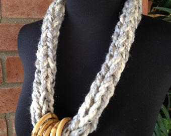 Gray Bulky Yarn Rope Necklace Jewel ry Bamboo Rings Wood Beads ...