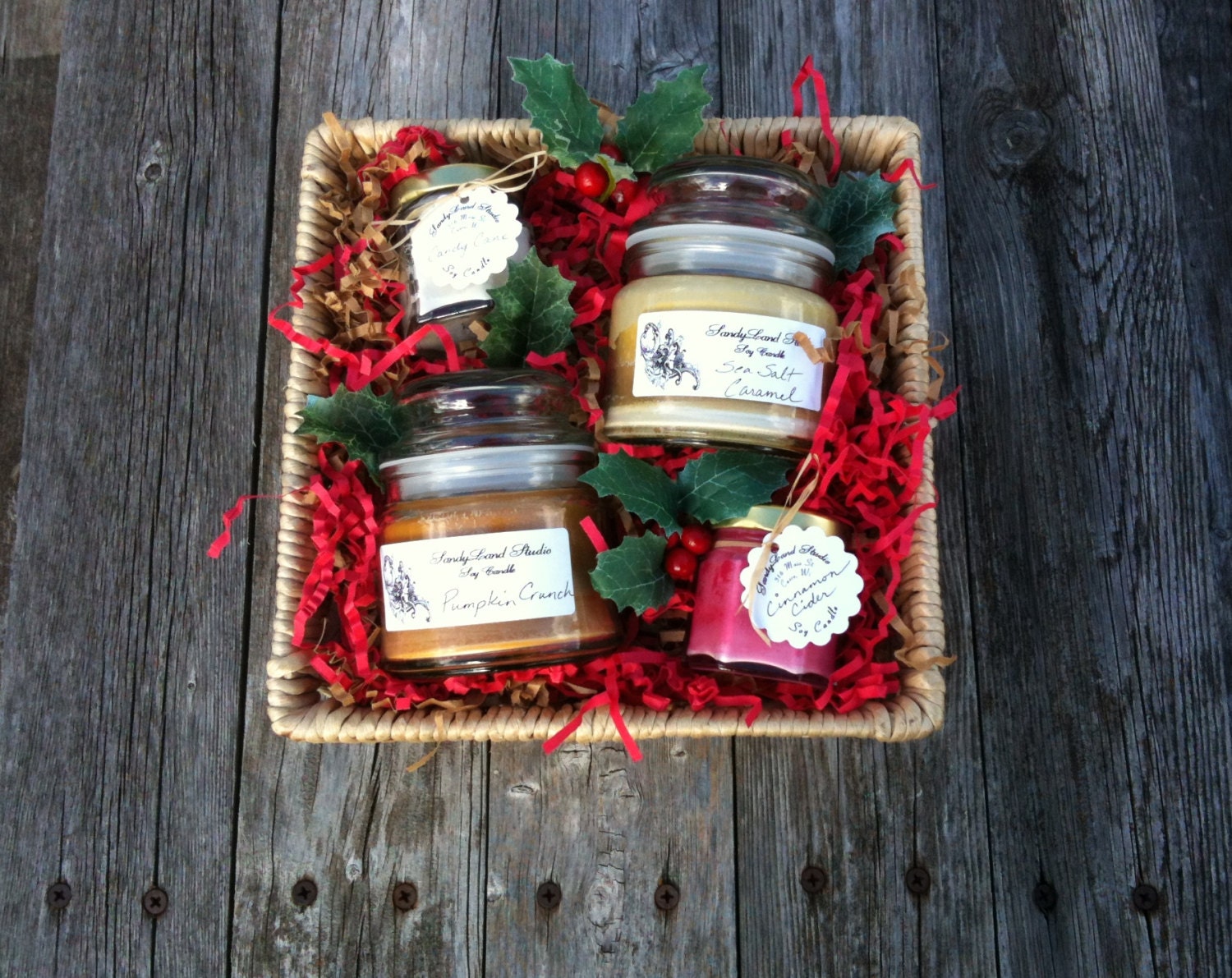 Christmas Wood Wick Soy Candles Gift Basket Square Holly