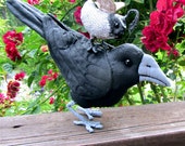 Soft Sculpture Crow and Baby Quail,
