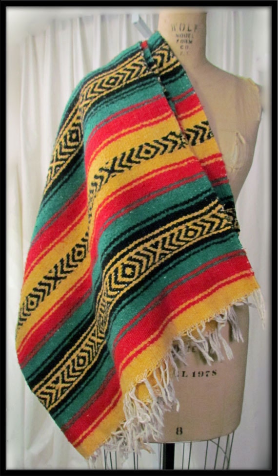 70s rasta Serape Mexican blanket bedspread by JanetsVintagePlanet