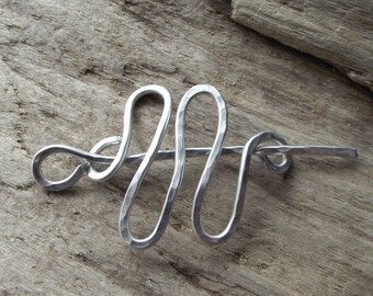 Aluminum Celtic Loop Shawl Pin- Medieval Silver Scarf Pin-Winter Weather Gift Pin- Wire Hammered Silver -"Riverbend"