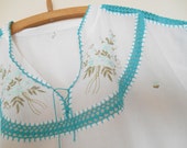 Vinatge Aqua and Enbroidery Cotton and Crochet Top - White 38" chest