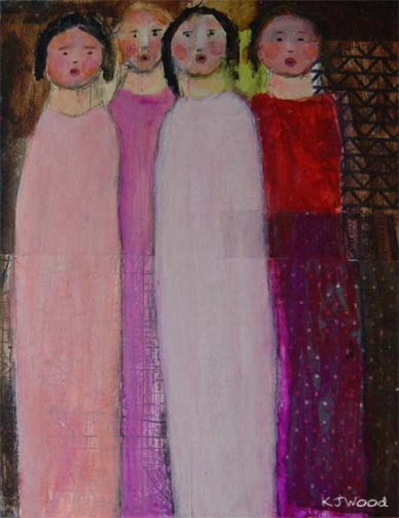 8x10 Acrylic Portrait Painting, Christmas Carolers, Four Girls, Pink Gowns, Red Gown, Singing, Canvas Panel,