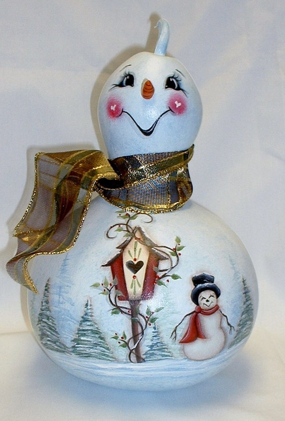 Snowman Gourd with Birdhouse Hand Painted Gourd