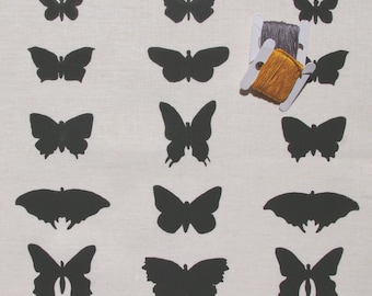 butterflies - handprinted fabric panel, black on cotton or linen