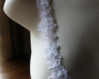 WHITE Beaded Lace Trim for Lyrical Dance, Bridal, Veils, Garters, Costume Design BL 101