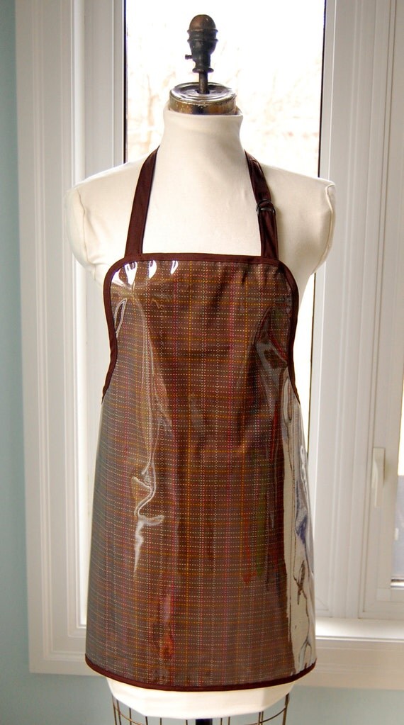 Brown Plaid Vinyl Apron wipe clean and waterproof apron