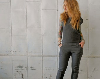 Grey Black Color Block Linen Open Back Casual Jumpsuit with Pocket|Plus Size Jumpsuit|Sleeveless Jumpsuit|Linen Overalls|Chic Jumpsuit