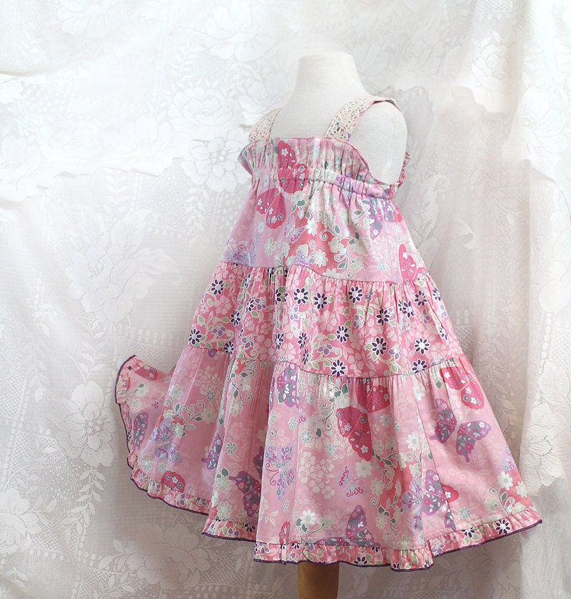 Tiered Girls Twirl Dress Cotton Pink Party Dress by BerryPatchUSA