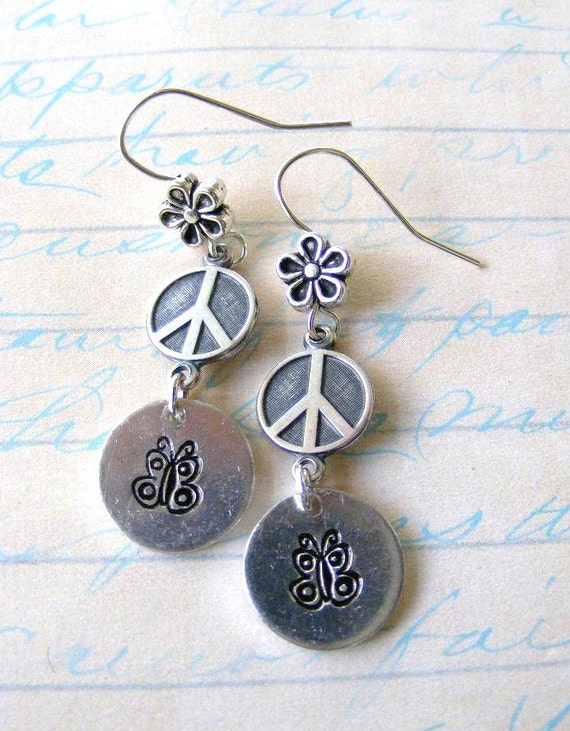 Flower Peace Sign Hand Stamped Butterfly Silver by meiguidesigns