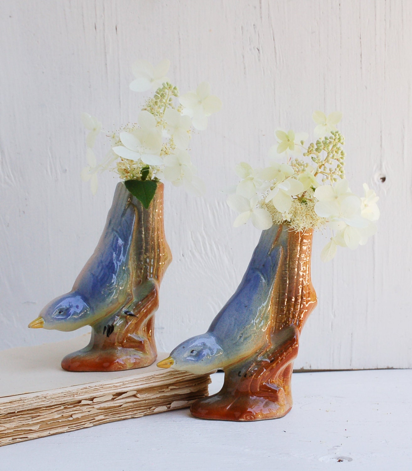 2 Vintage BIRD Vases Blue Bird Porcelain Royal Copley Style