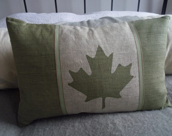 hand printed muted olive green Canadian flag cushion cover
